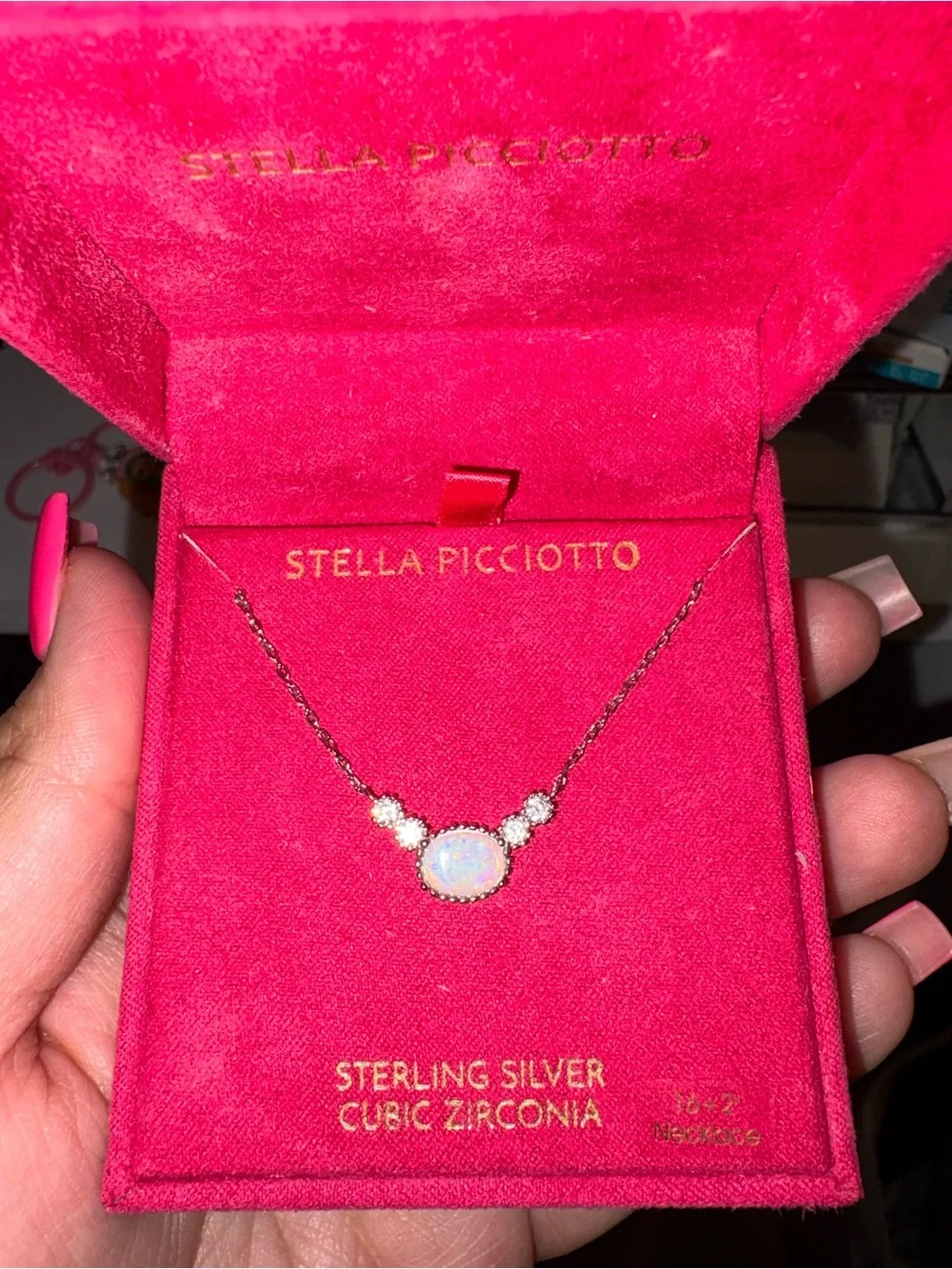 Stella Picciotto Sterling Silver Pink Opal Necklace with Cubic Zirconia Accents